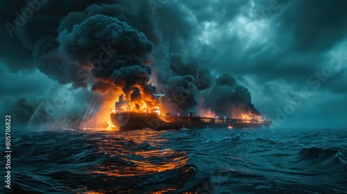 a burning oil tanker in the ocean