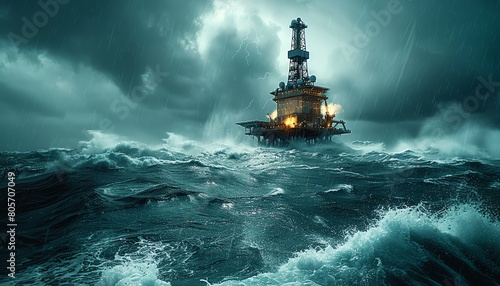 Oil rig in the middle of a stormy sea, dramatic clouds, turbulent waters,
