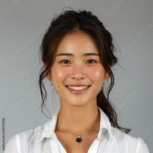 Serene Asian Beauty in White Blouse with a Confident Smile