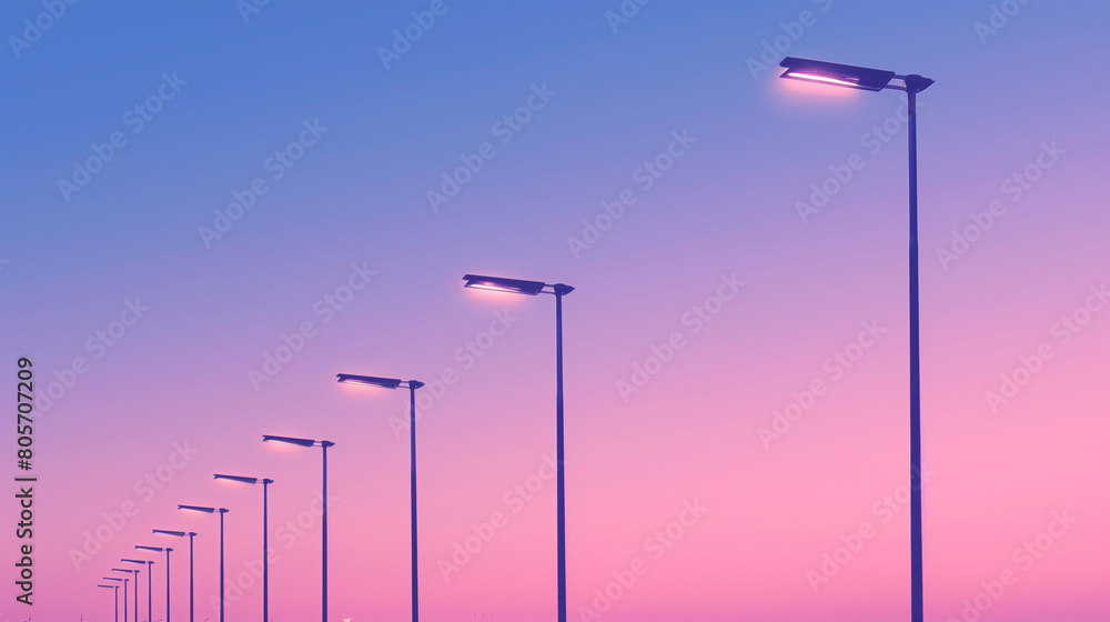 Three solar street light poles stand in a line against a simple background. The sky above transitions in a gradient of blue and purple colors, casting a serene and calming atmosphere over the scene.
Three solar street light poles stand in a line against a simple background. The sky above transitions in a gradient of blue and purple colors, casting a serene and calming atmosphere over the scene.