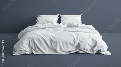 A bed with a white comforter and pillows. AI image. Comforter mockup. copy space for text. photo