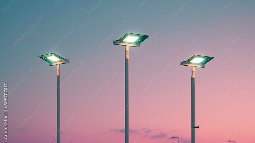 Three solar street light poles stand in a line against a simple background. The sky above transitions in a gradient of blue and purple colors, casting a serene and calming atmosphere over the scene.
Three solar street light poles stand in a line against a simple background. The sky above transitions in a gradient of blue and purple colors, casting a serene and calming atmosphere over the scene.