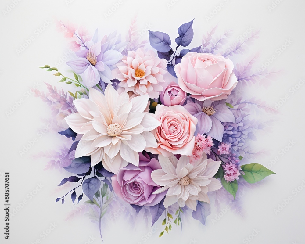 Soft color hues and fine strokes in a watercolor wedding bouquet, creating depth and luminosity against a white backdrop , fresh and clean look Soft color hues and fine strokes in a watercolor wedding bouquet, creating depth and luminosity against a white backdrop , fresh and clean look
