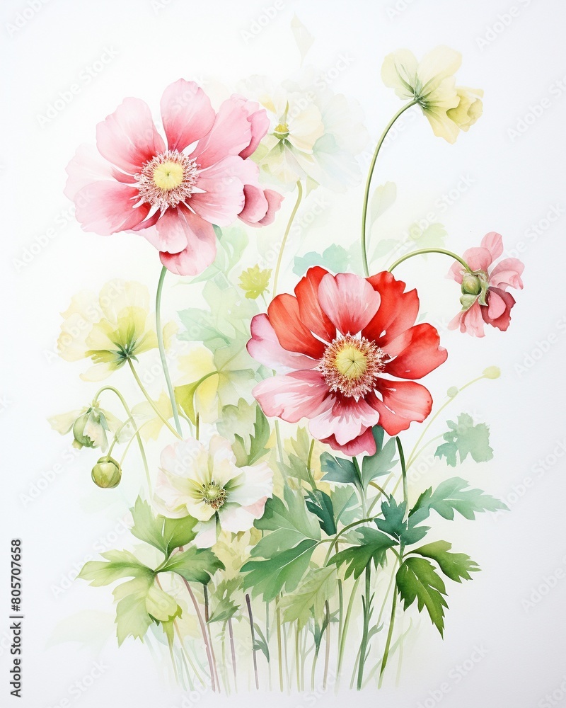 Fototapeta premium Simple yet expressive watercolor painting of Sweet Peas and Daffodils, happiness captured in soft reds and bright greens , high-detail texture