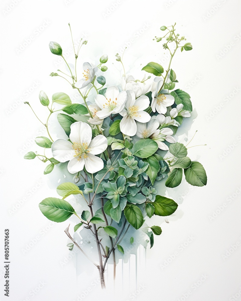 Fototapeta premium Watercolor artwork capturing the essence of family with Peonies and Queen Anne s Lace, soft hues and fine green leaves against white , watercolor painting