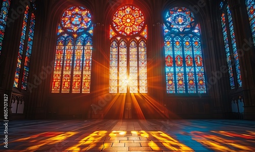 Round stained glass window in a historic cathedral, sunlight streaming through,