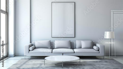 White table on carpet in front of grey settee in apartment interior with painting and lamp  photo