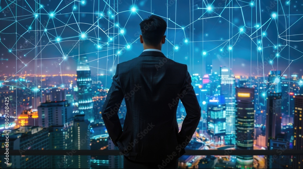 Businessman in futuristic city networ, navigating opportunities, Ai Generated Businessman in futuristic city networ, navigating opportunities, Ai Generated