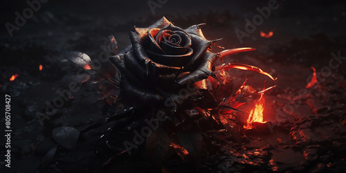 A Single Black Burnt Rose Amidst Ash and Embers