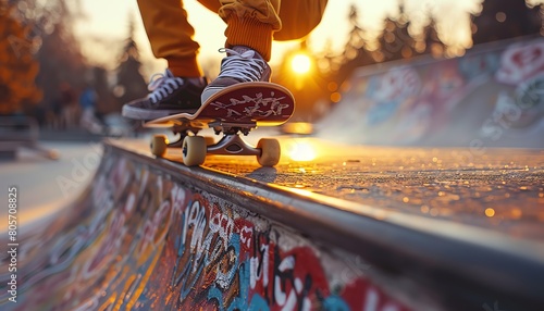 Urban skateboarder performing tricks on a concrete park, dynamic, gritty urban setting, photo