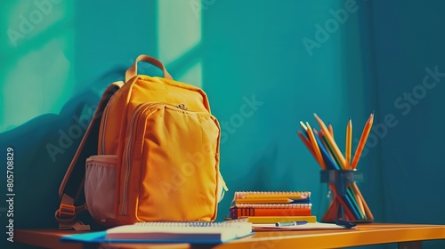 backpack on the table, with school supplies sticking out of it. school, study or teachers day concept. copy space for text.