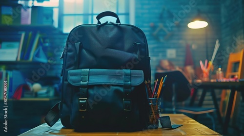 backpack on the table, with school supplies sticking out of it. school, study or teachers day concept. copy space for text.