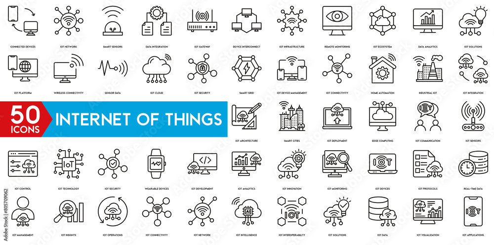 Internet Of Things icon. IoT Solutions, Integration, Sensors, Real time Data, Applications, Architecture, Smart Cities, IoT Deployment, Edge Computing, IoT Communication icon