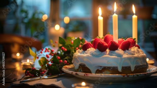 Romantic candlelit with lovely strawberry cake 