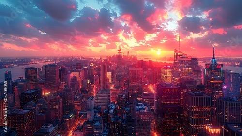 Financial District at Dusk, A sprawling cityscape of futuristic towers casts long shadows as the last rays of sunlight illuminate the urban canyons.