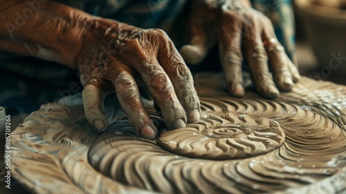 A potters hands carefully etching intricate designs onto a clay surface showcasing the level of focus and concentration required in the mindful art of pottery making. © Justlight