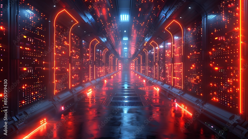 Futuristic server room with glowing lights and complex network connections.