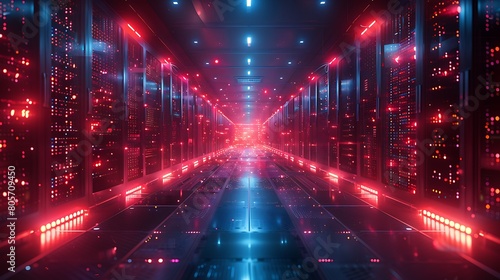 Futuristic server room with glowing lights and complex network connections.