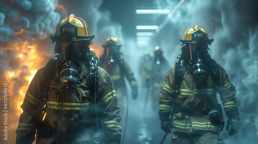 A group of firefighters are in a burning building A group of firefighters are in a burning building