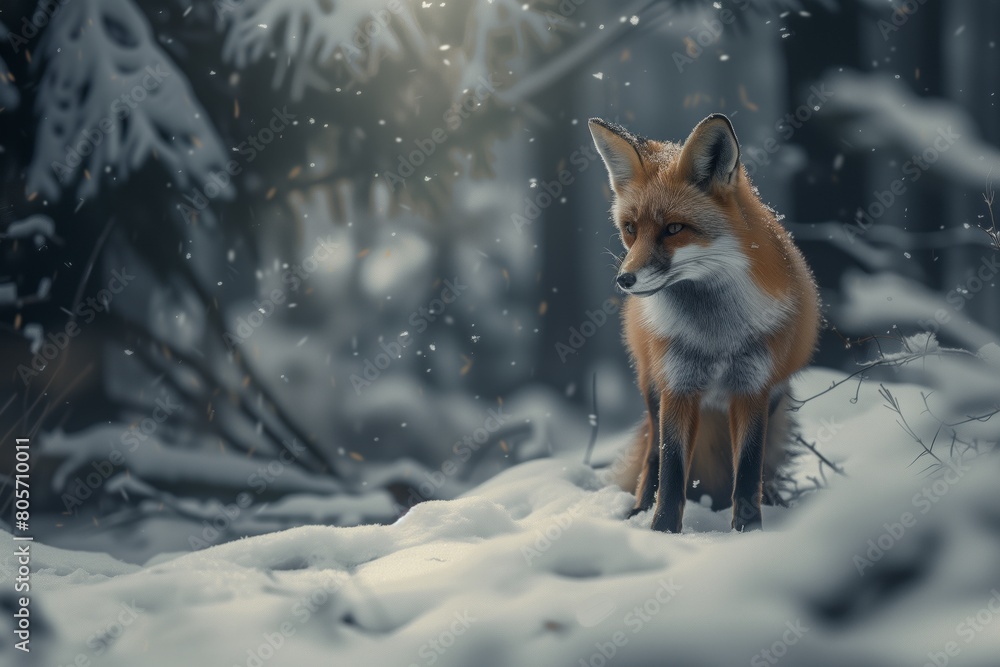 Fototapeta premium fox poses for the camera in a snowy forest illustration