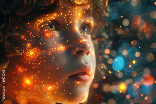 Cute boy looks up in surprise at magical glow. Face close up. Festive magical atmosphere. For design with place for text. Concept of children, happy childhood and international children's day