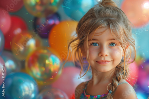 Cute little girl with braid smiles among colorful balloons. For design, print, card, poster, flyer, with place for text. Concept of children, happy childhood and international children's day