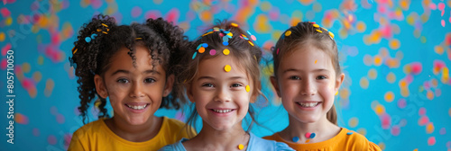 Three little girls of different races smile and have fun at holiday. Multi colored confetti falls from above. Banner. Concept of children, happy childhood and international children's day