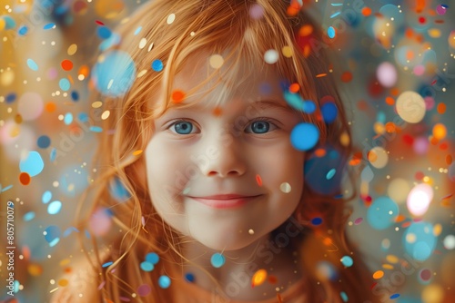 Red haired girl with blue eyes in festive confetti. Face close up. Concept of children and childhood. International сhildren's Day