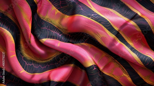 Pink and gold zebra print silk scarf with honeycomb pattern  digital art style  dark pink background  luxurious wall hangings  unique fabric patterns.