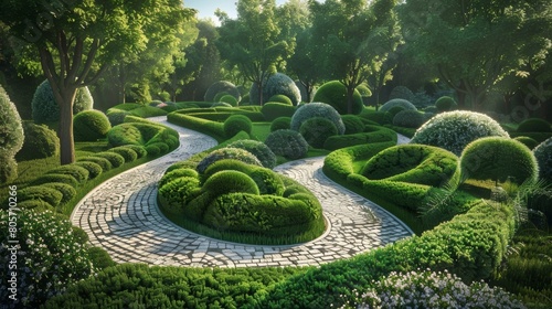 A winding pathway is dotted with topiaries shaped like different gauge bosons making for a playful and educational walk. photo