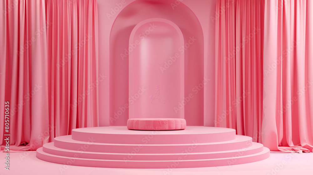 A pink room with a pink archway and pink curtains A pink room with a pink archway and pink curtains