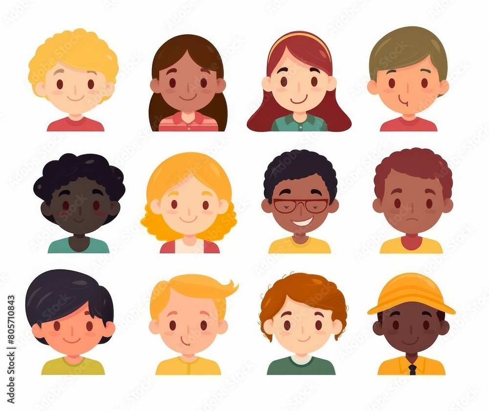 Diverse Group of Cartoon Children Faces for Educational Content Diverse Group of Cartoon Children Faces for Educational Content