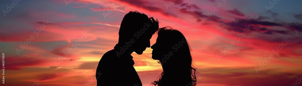 Silhouette of a young couple at sunset, capturing a tender moment, vibrant and emotive