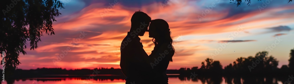 Silhouette of a young couple at sunset, capturing a tender moment, vibrant and emotive