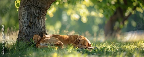 Lazy dog napping under a shady tree, epitome of the dog days of summer, relaxed and peaceful photo