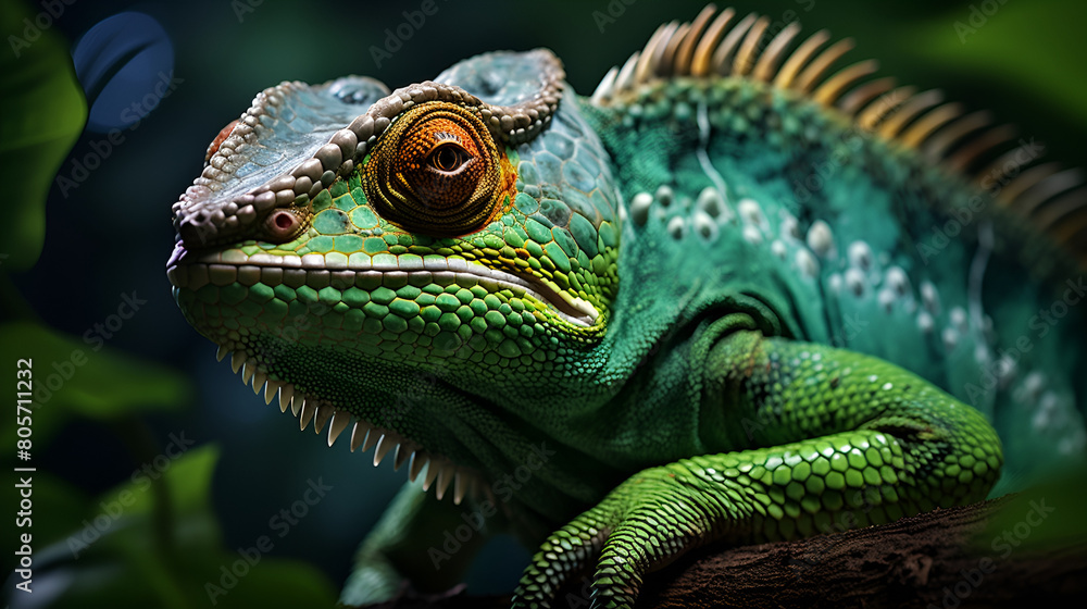 Green gecko perching on branch in forest Green gecko perching on branch in forest