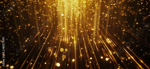 Golden light with glowing lines on a black background and sparkling vertical light beams