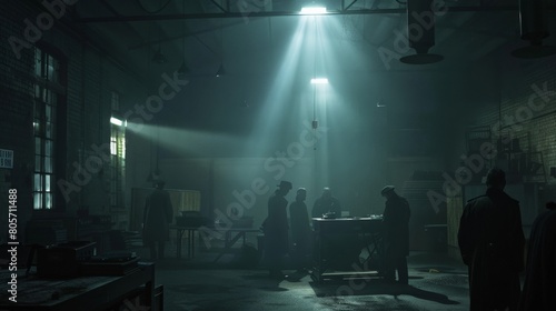 A clandestine meeting of mafia members in a deserted warehouse, plotting under a single beam of light photo