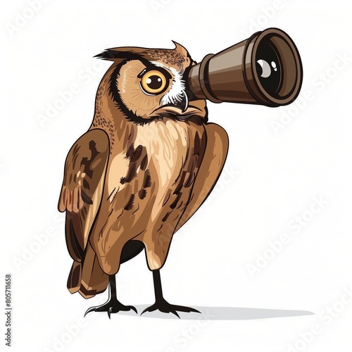 Cartoon Owl with Telescope Concept Illustration for Exploration and Discovery