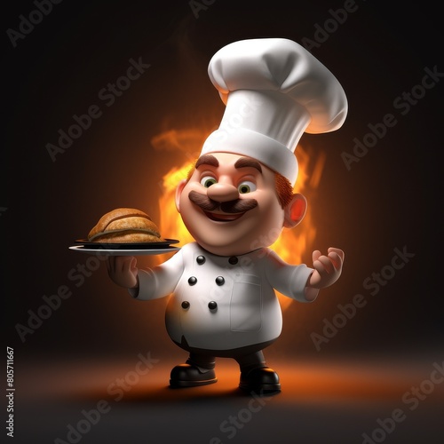 Smiling Cartoon Chef Presenting Fresh Baked Bread on Plate with Fiery Background