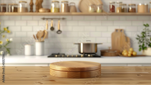 A wooden bowl sits on a wooden table in a kitchen