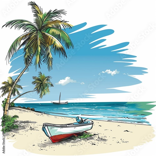 Idyllic Tropical Beach Scene with Palm Trees and Moored Boats Illustration.