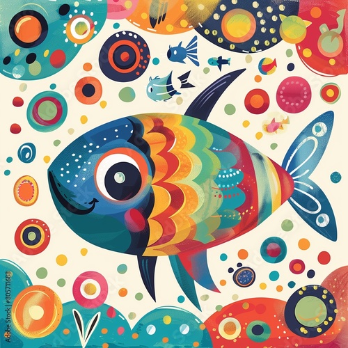 Colorful Cartoon Fish in Underwater Scene with Abstract Bubbles and Patterns