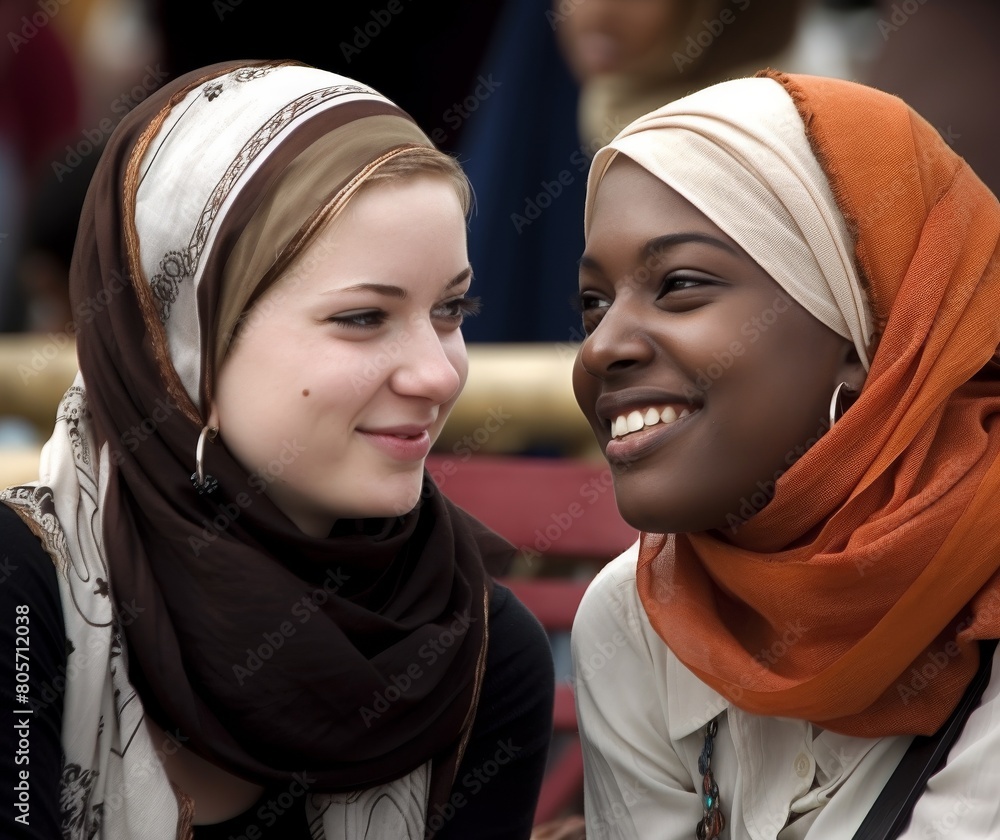 Two Happy Diverse Women Smiling and Engaging in Friendly Conversation. Two Happy Diverse Women Smiling and Engaging in Friendly Conversation.