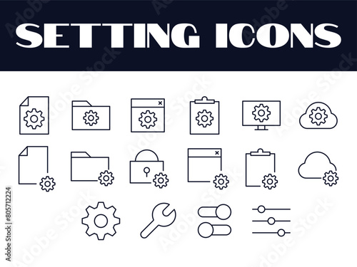 Setting Icons Set Vector. Setting Line Icons illustration. Setting Gears Icon.