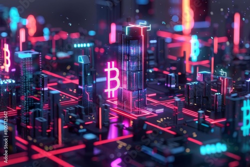 futuristic metropolis aipowered bitcoin transactions in neonlit 3d cityscape digital illustration