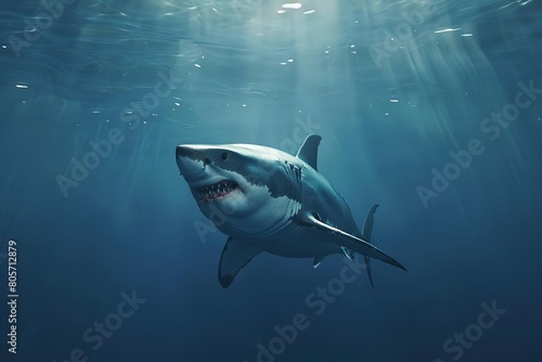 great white shark swimming in deep blue ocean underwater seascape 3d illustration