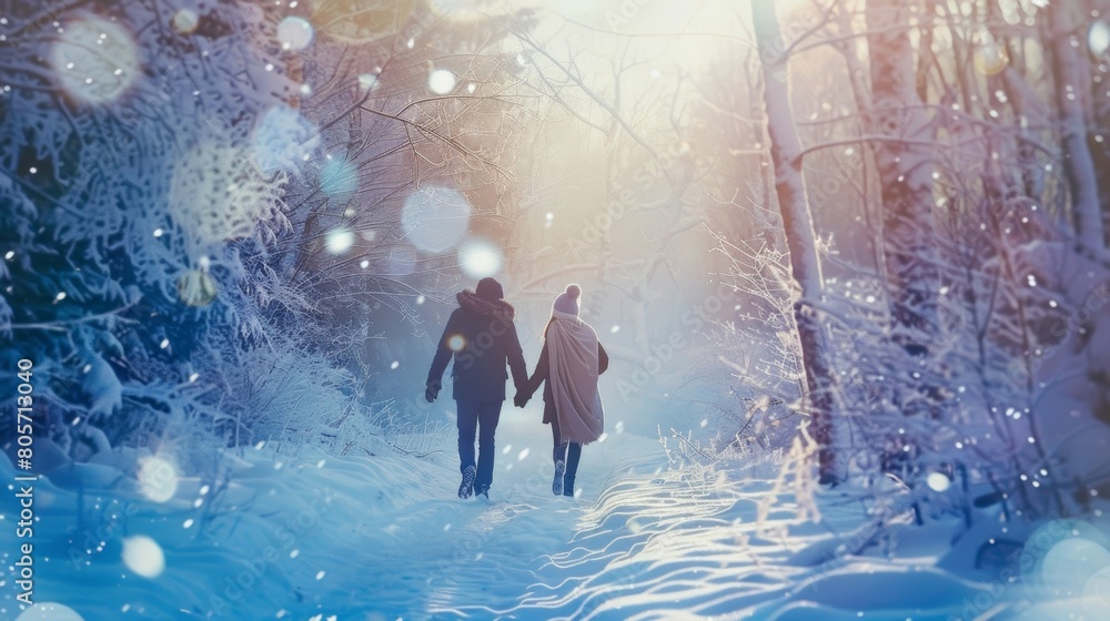 A couple walking hand in hand through a snowy forest with a cashmere throw dd over their shoulders to keep warm.