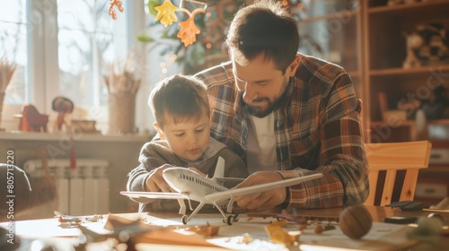 A man and a boy are playing with a toy airplane photo