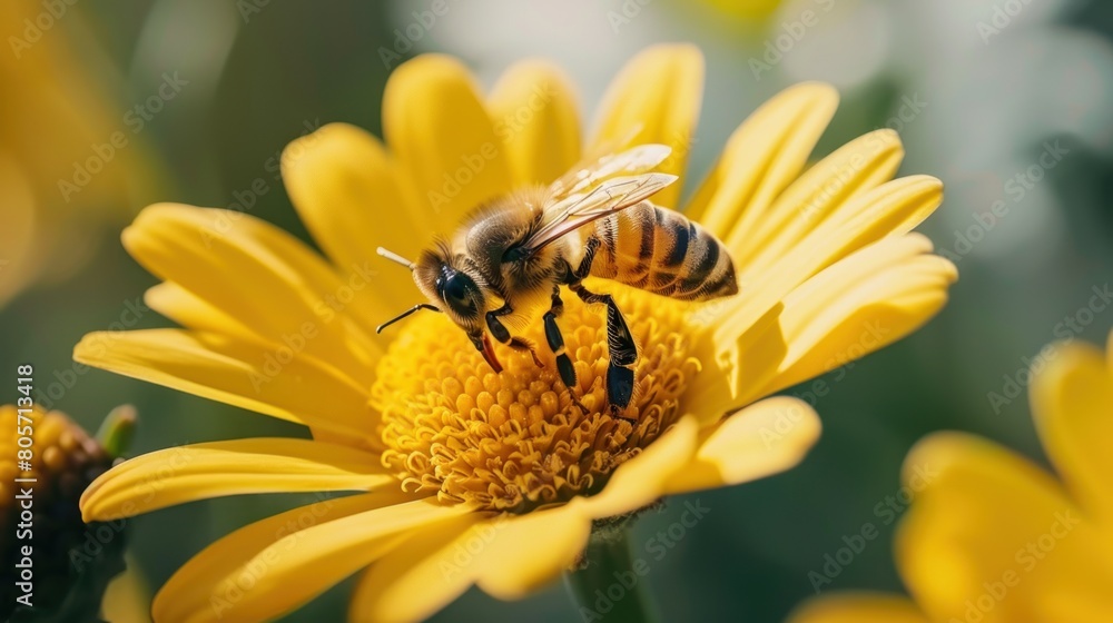 Golden Daisies with a Bee: A close-up shot of a golden daisy with a bee collecting pollen, symbolizing nature's beauty and harmony Golden Daisies with a Bee: A close-up shot of a golden daisy with a bee collecting pollen, symbolizing nature's beauty and harmony